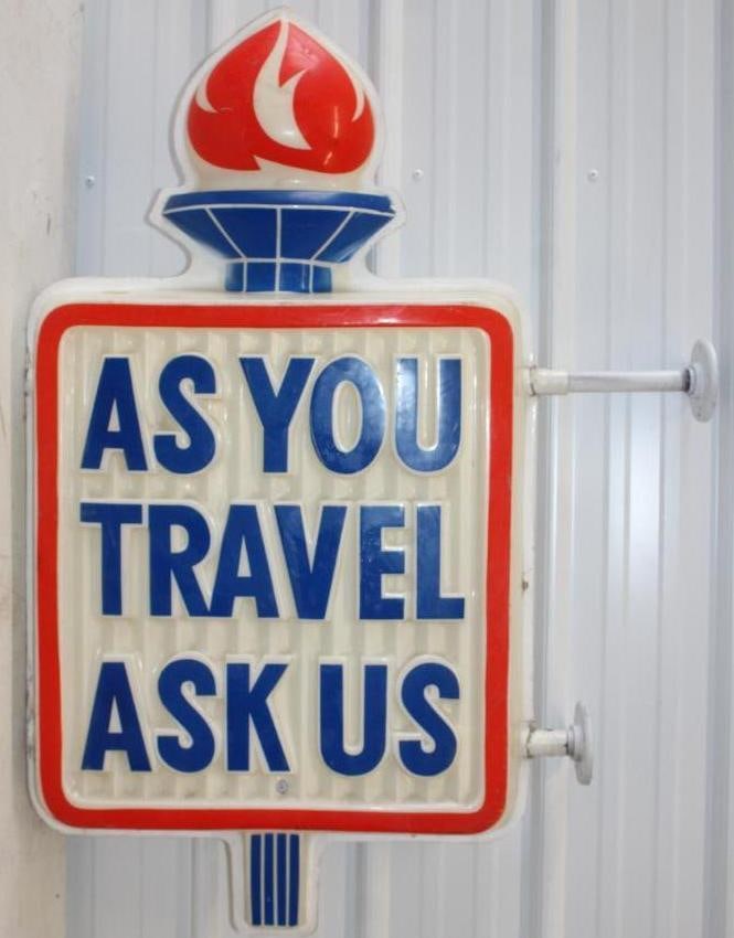 American Oil 'As You Travel Ask Us' Doublesided Embossed Plastic Light Up Gas Station Sign With (1 of 19)