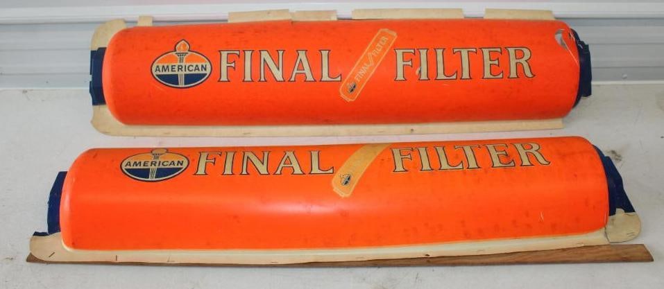 Group of 2 American Oil Final Filter Shaped Plastic Signs: 43" x 10" x 5" each, both have many cracks