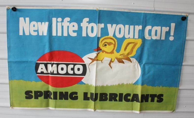 Amoco New Life For Your Car Spring Lubricants Chick And Egg Scene Advertising Canvas Banner: 60x36. Marked Igelstrom-Oberlin Inc Massillon Ohio. NOS