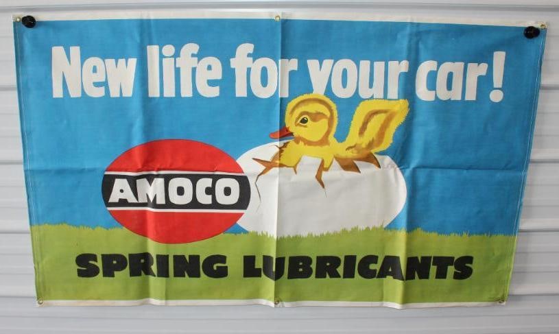 Amoco New Life For Your Car Spring Lubricants Chick And Egg Scene Advertising Canvas Banner (1 of 5)