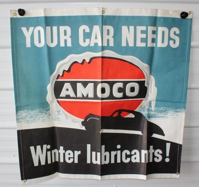 Amoco Your Car Needs Winter Lubricants Advertising Canvas Banner With Car Scene: 37x36 Appears to Be NOS With Light Water Staining