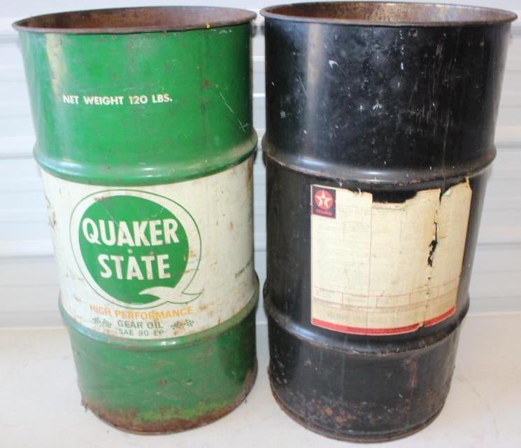 Group of 2 Quaker State Racing and Texaco 120lb Grease Cans: 15x15x27 Both are Missing Lids