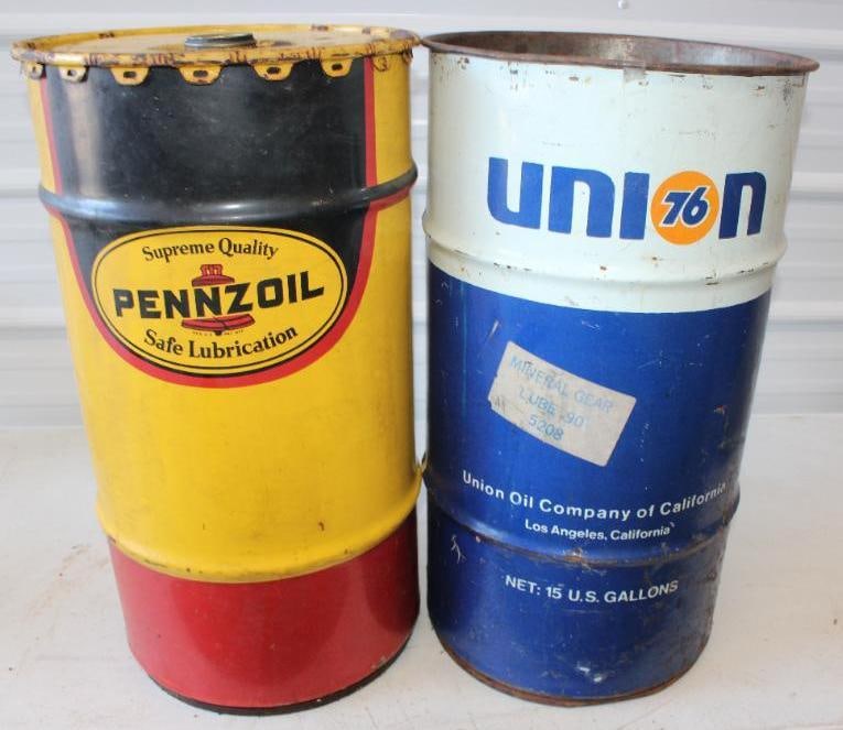 Group of 2 Pennzoil and Union 76 120lb Grease Cans: 15x15x27 Union 76 Missing Lid