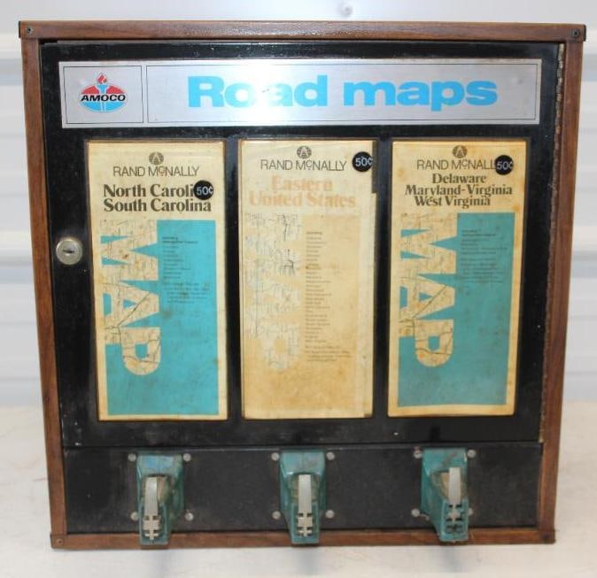 Amoco Gas Station Road Map Dispenser Machine: 17" x 13" x 17.5" is dated 1978 and produced by Chicago Display Company