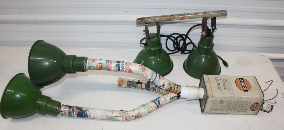 Group of 4 Green Porcelain Gas Station Lamp Shades with Homemade Amoco Light Fixture: lamp shades measure 8" x 8" x 8" each, large fixture measures 15" x 13" x 42"