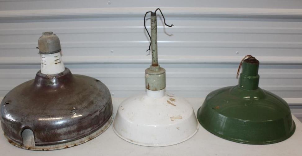 Group of 3 Green & White Porcelain Gas Station Lamp Shades: Largest is 16" x 16" x 15"