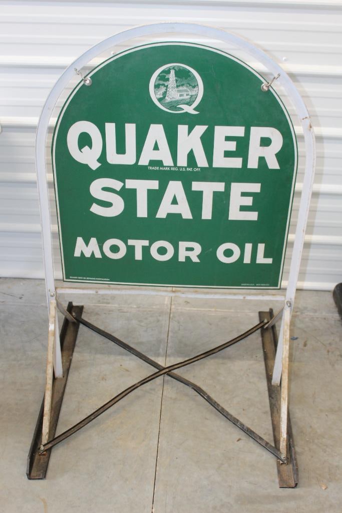 Quaker State Motor Oil DST Tombstone Sign with Homemade Hanging Bracket Marked Quaker State Oil (1 of 13)