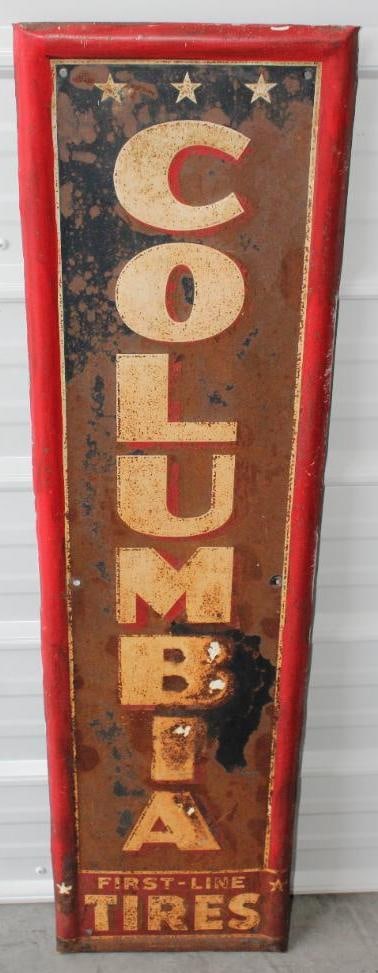 Embossed Self Framed Columbia Fist-Line Tires Vertical Advertising Sign: 12x47