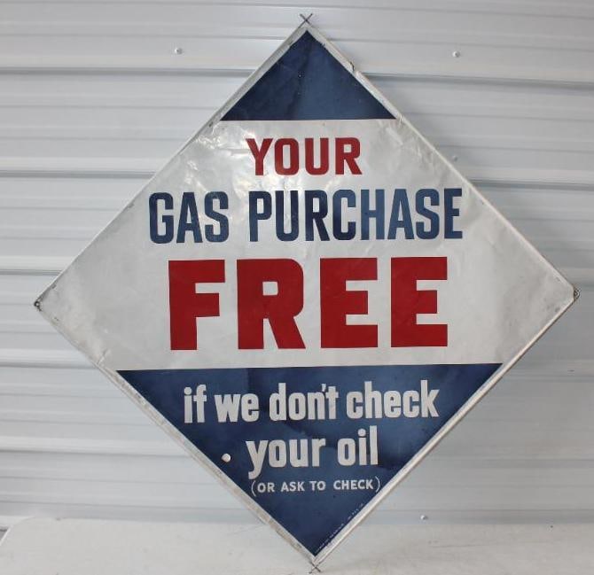 1953 Pure Oil Company Free Gas If We Don't Check Your Oil Single Sided Aluminum Advertising Sign: 48" x 48"