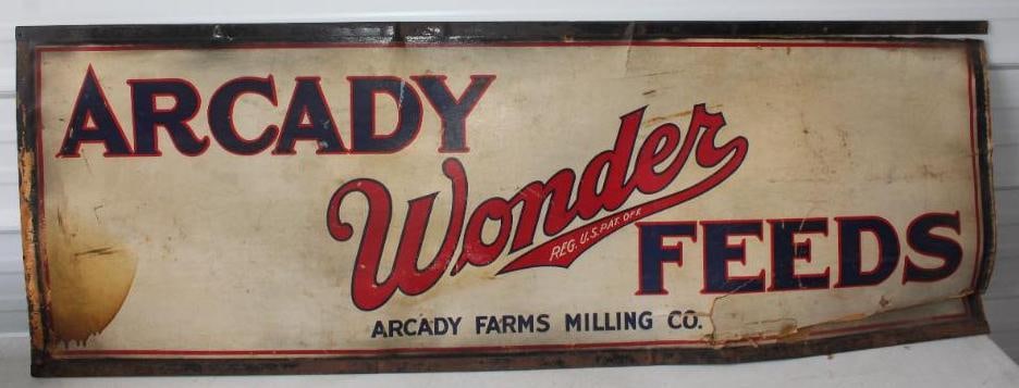 Wonder Arcady Farms Feeds Thomas Kemper Single Sided Cardboard Advertising Sign: 59.5x20.5 Bottom Right Corner Has Tears