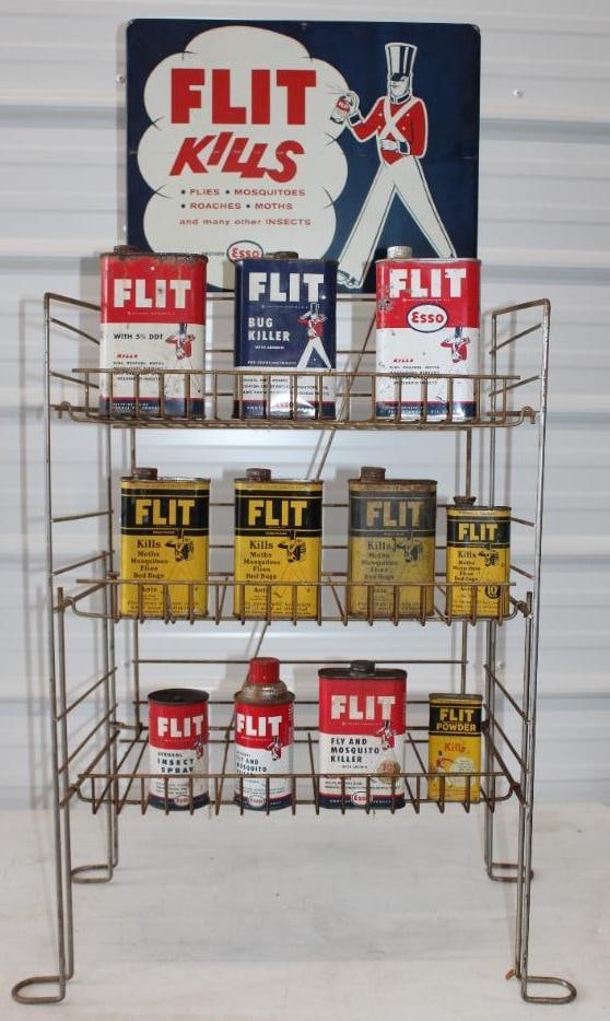 Esso Flit Insect Killer Display Rack with 11 Cans: 25" x 15" x 46" is marked Melrose Wire Products Inc.