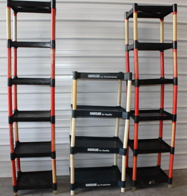Group of 3 Amoco & Havoline Gas Station Motor Oil Advertising Shelf Stands: Both Amoco's measure 7 ft x 19.5" x 17" Havoline measures 55" x 20" x 25.5" some shelves have cracks