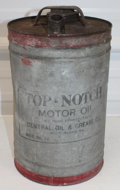 Top-Notch Central Oil & Grease Co. Rock Island Illinois 2 Gallon Galvanized Oil Can: 7.5" x 7.5" x 12.5" missing 1 cap