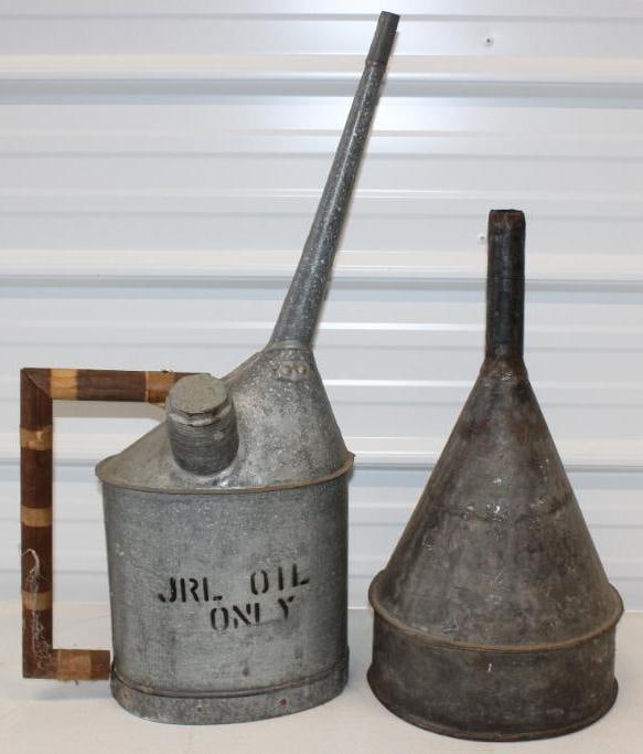 Group of 2 Galvanized Oil Can Funnel & Railroad Related Wood Handled Oiler Can (1 of 8)