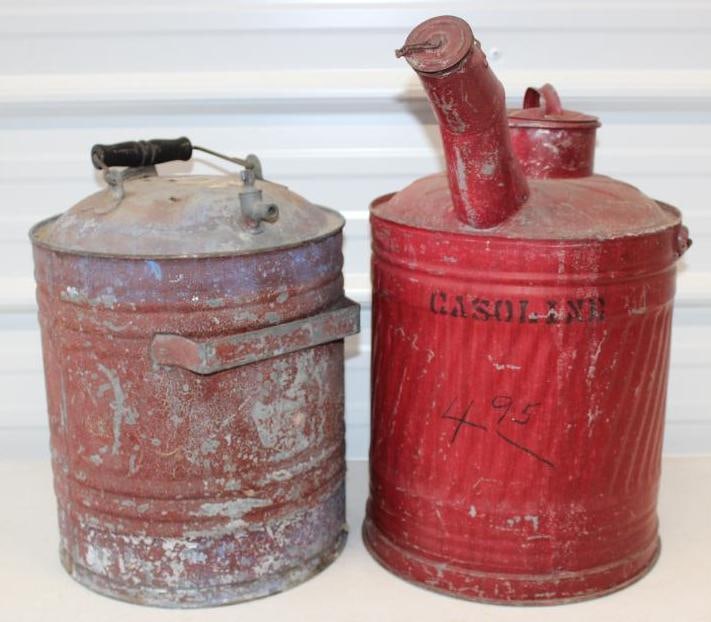 Group of 2 Early 5 Gallon Red Painted Galvanized Gasoline Cans (1 of 8)
