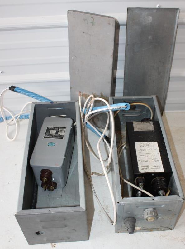 Group of 2 Neon Transformers in Galvanized Steel Enclosures with Lids (1 of 4)