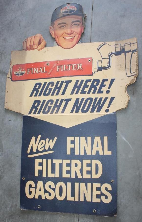 American Final Filter Double Sided Cardboard Pole Sign With Service Station Attendant: 40x65