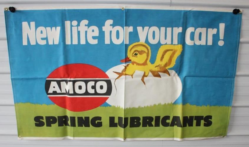 Amoco New Life For Your Car Spring Lubricants Chick And Egg Scene Advertising Canvas Banner (1 of 4)