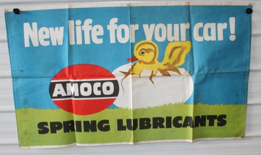 Amoco New Life For Your Car Spring Lubricants Chick And Egg Scene Advertising Canvas Banner: 60x36. Marked Igelstrom-Oberlin Inc Massillon Ohio. NOS. Has Some Water Staining