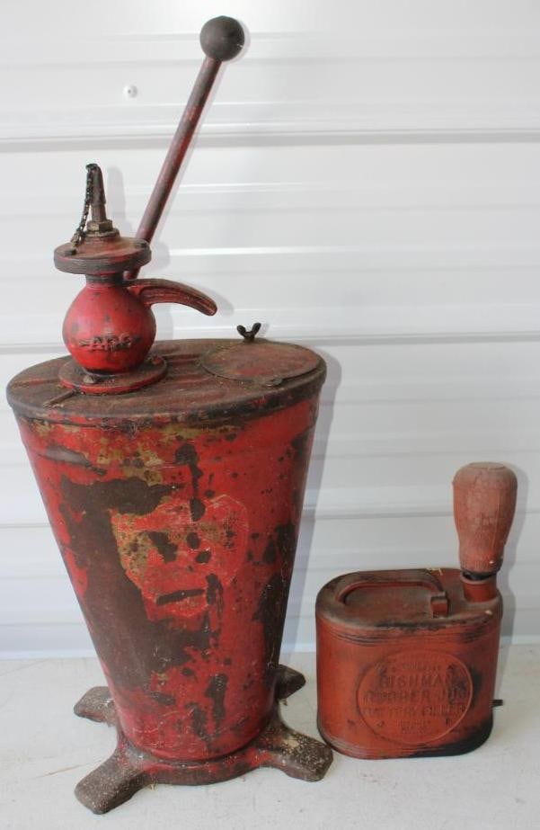 Group of 2 ARO and Bishman Grease Dispenser and Rubber Battery Jug Filler: Largest is 11x8.5x30