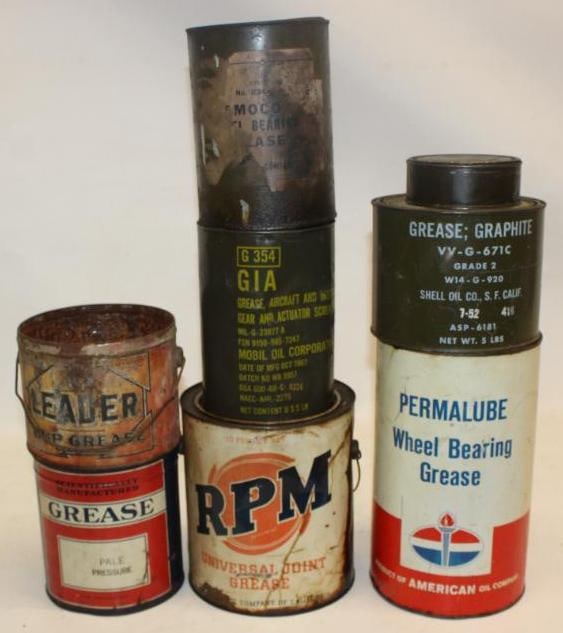 Group of 8 Different Grease Cans: Largest is 10 lbs and measures 6.5" x 6.5" x 11" 2 are missing lids