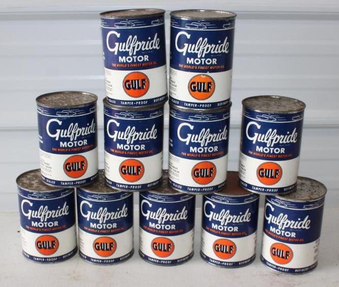 Group of 11 Gulf Pride Reproduction Oil Cans With Paper Labels (1 of 2)