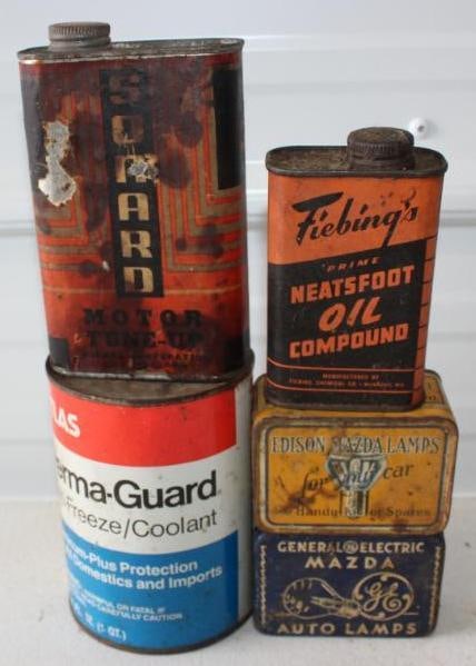Group of 5 Oil, Antifreeze and Auto Lamp Cans and Tins: Largest is 32oz