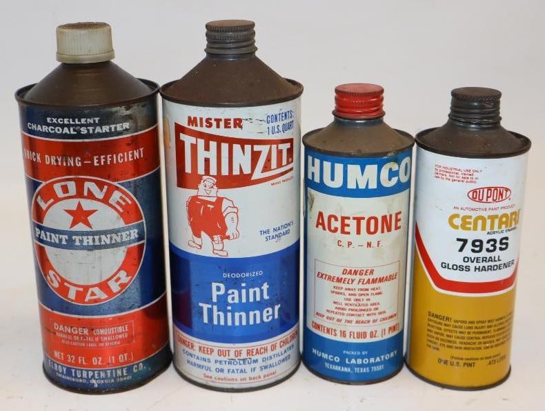 Group of 4 Cone Top Paint Thinner Acetone and Glass Hardener Can (1 of 2)