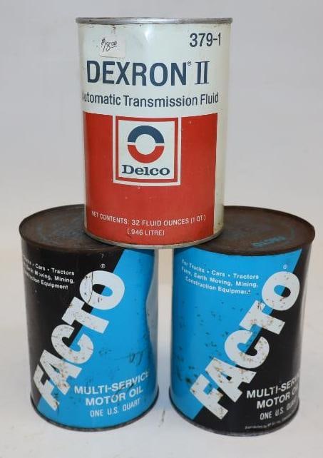 Group of 3 Facto and Delco Metal Court Oil Cans: 32oz Each all Are Full