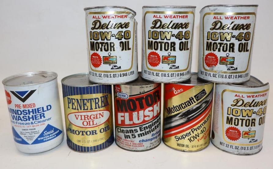 Group of 8 Metal, Composite, and Plastic 1qt Oil Cans (1 of 2)