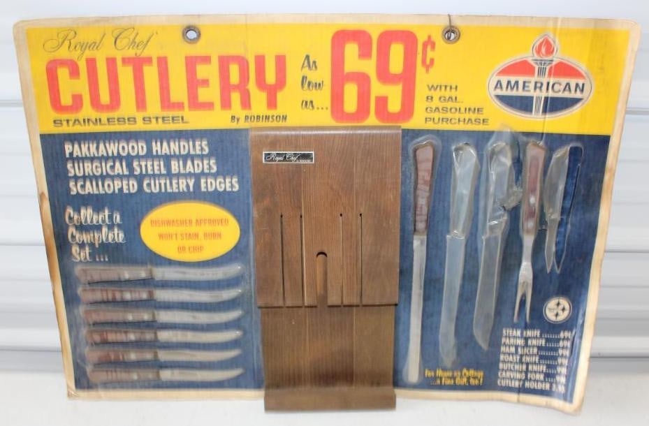 American Oil Gas Station Knife Set Display: 30x21 Display is Missing 3 Knives