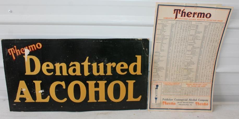 Group of 2 Thermo Denatured Alcohol Sign and Thermo Radiator Protection Chart: Largest is 26x14