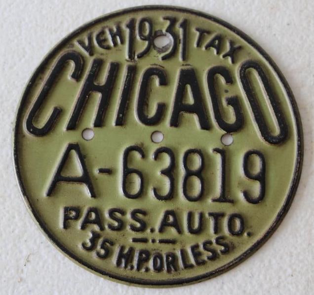 1931 Chicago Vehicle Tax License Plate Tag (1 of 2)