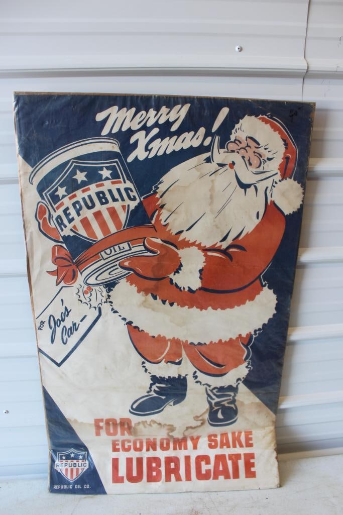 Republic Oil Gas Station Window Poster With Santa: 26x41 Shrink-Wrapped To Cardboard. Does Have Some Water Damage Throughout