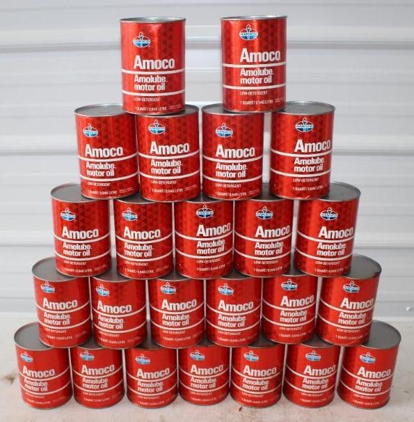Group of 24 Red Amoco Amolube Full Composite 1 Quart Oil Cans (1 of 4)