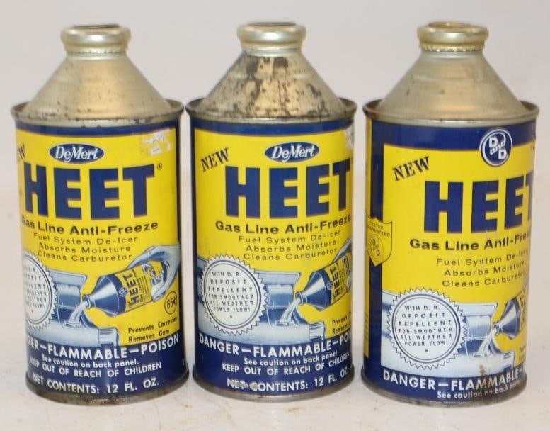 Group of 3 Heet Gasline Anti-Freeze Cone Top Cans: 16oz Each 1 Empty