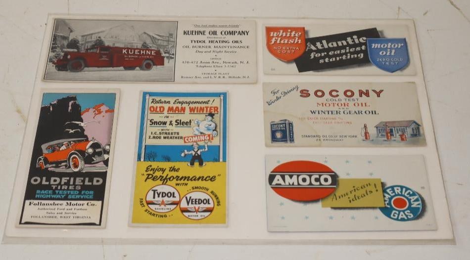Group of 6 Gas, Oil, and Tire Advertising Ink Blotters: largest 8" x 3.5"