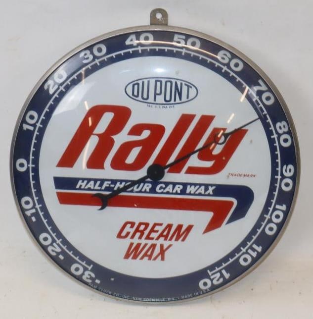 PAM Clock Dupont Rally Cream Wax Glass Advertising Thermometer: 12" x 12" x 2"