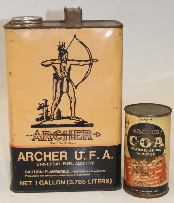 Group of 2 Archer 1 Gallon & Crank Case Oil Cans: Largest is 6.5" x 4" x 10" 1 gallon can is missing lid