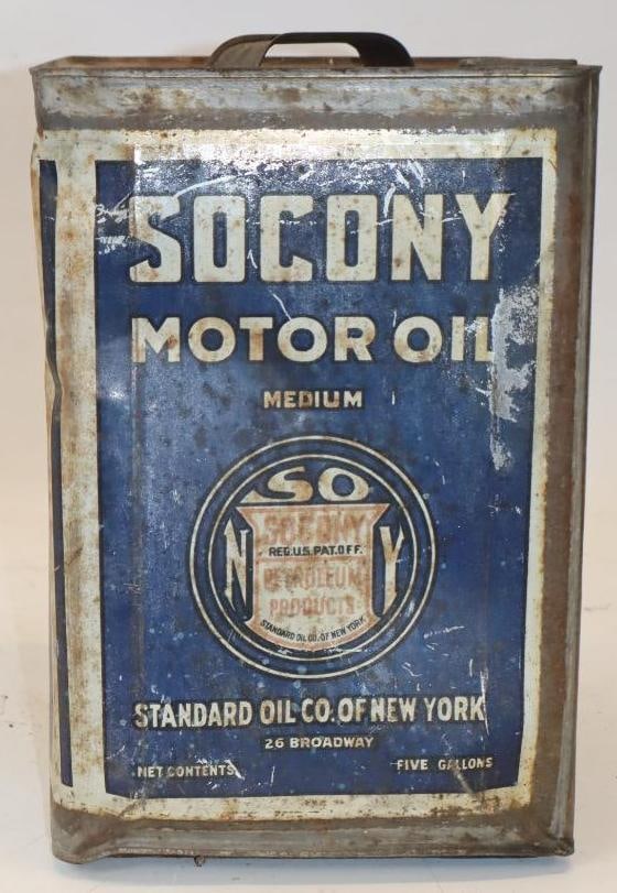 Socony Square 5 Gallon Oil Can: 9.25" x 9.25" x 14" missing top cap