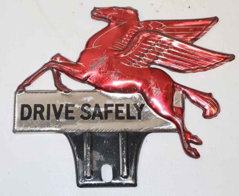 Mobil Pegasus Drive Safely Advertising License Plate Topper: 6.5" x 5.25"