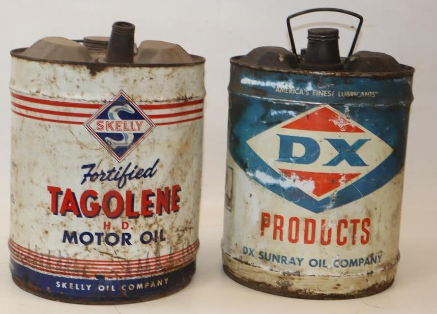 Group of 2 DX & Skelly 5 Gallon Oil Cans: 11" x 11" x 15.5" each