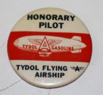Tydol Flying A Gasoline Airship Honorary Pilot Pin Back Badge: 1.5" x 1.5"