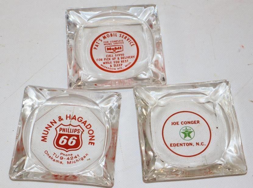 Group of 3 Texaco, Mobil, and Phillips 66 Advertising Gas Station Ashtrays: 3.5" x 3.5" each