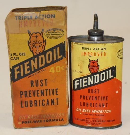 Fiendoil Leadtop Oiler Can with Original Box: 3 oz, box has tape repairs, can is missing cap
