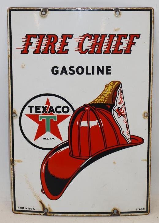 Texaco Fire Chief Gasoline Porcelain Gas Pump Sign: 10" x 15" is marked 3-3-59