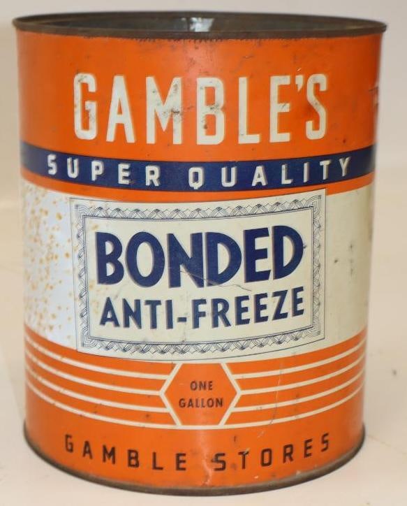 Gambles Bonded 1 Gallon Antifreeze Metal Oil Can: 6.5" x 6.5" x 7.75" empty missing top lid