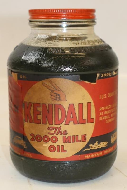 Kendall 2000 Mile Oil Wartime Glass Quart Jar with Paper Label: 32 oz full