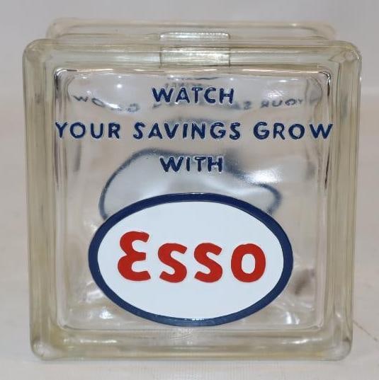 Esso Glass Block Coin Bank: 4.5" x 4.5" x 3"