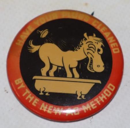 AC Spark Plug Have Your Plugs Cleaned Pinback Badge with Horse in Tub (1 of 2)